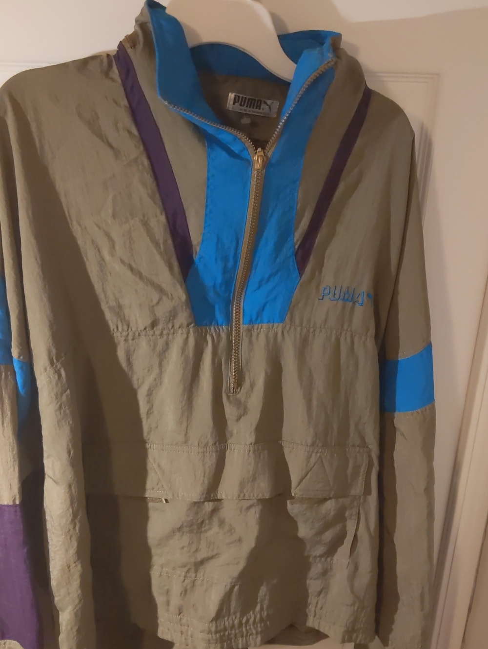 Vtg 80s Puma Windbreaker. Mens Size L. Olive Green Purple Turquois